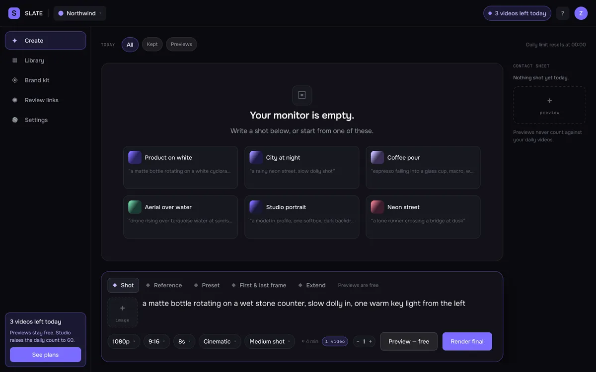 SLATE — prompt written, cost shown before render
