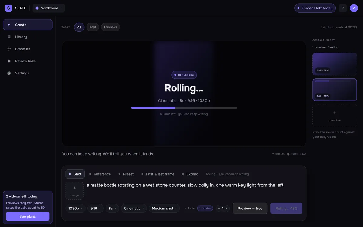 SLATE — Rolling… card while the video renders