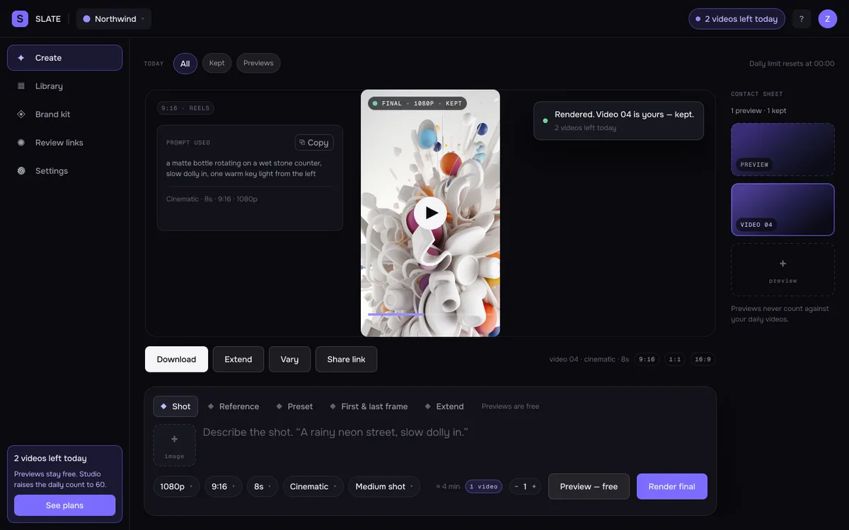 SLATE — result with Download, Extend, Vary and Share link