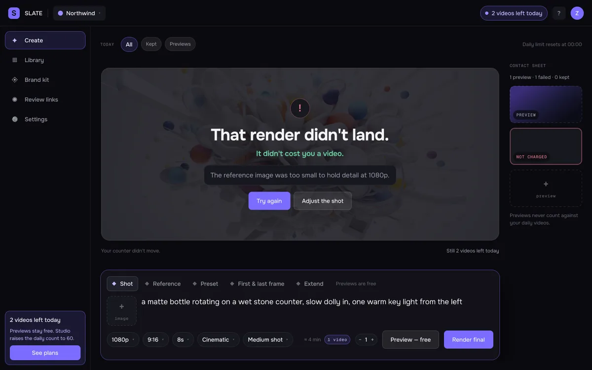 SLATE — error: the render did not cost a video