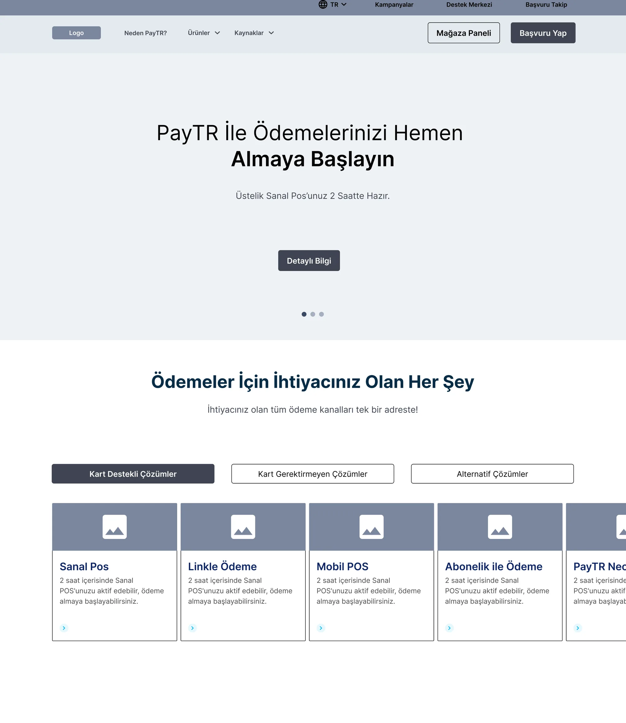 PayTR — Ana sayfa wireframe
