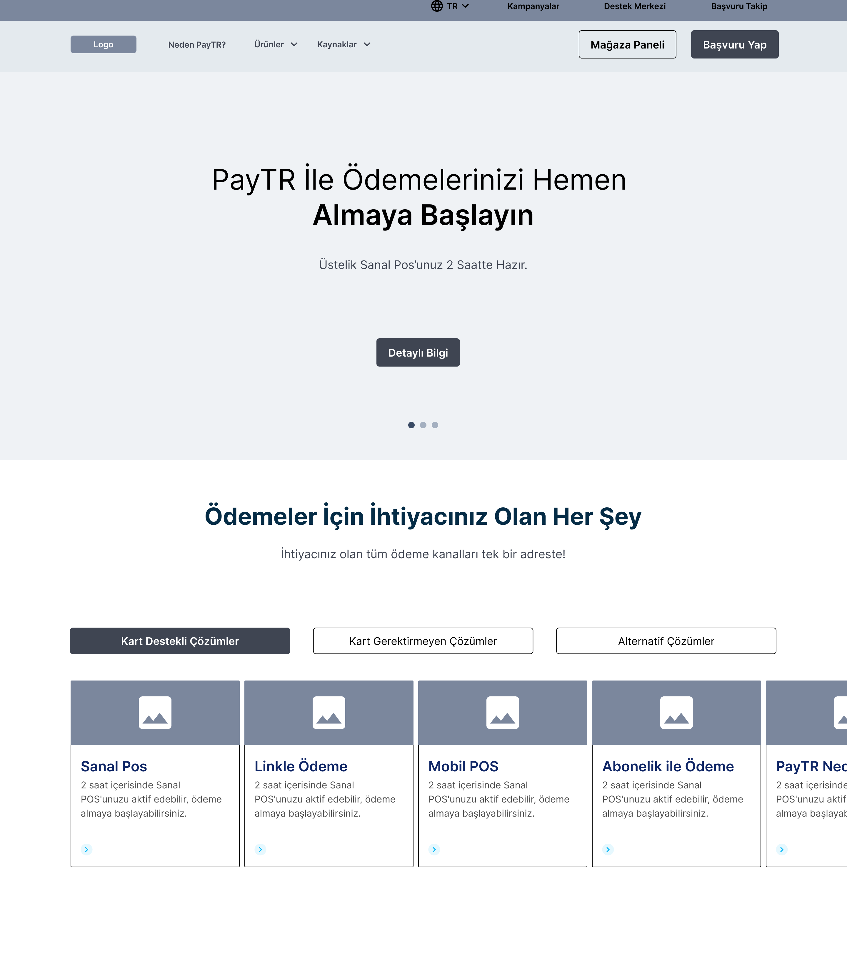 PayTR — Ana sayfa wireframe